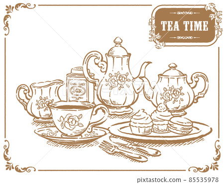 下午茶時間和古董配件的插圖材料。茶壺和茶杯。矢量插圖素材 85535978