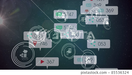 Image of social media icons on banners over scopes scanning and data processing 85536324