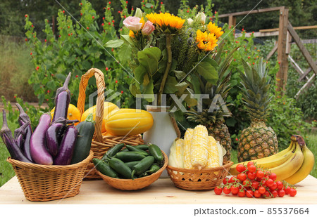 Korean Melon With Corn, Pineapple and Eggplants on Table For Sale at Organic Farm Korean Melon With Corn, Pineapple and Eggplants on Table For Sale at Organic Farm 85537664