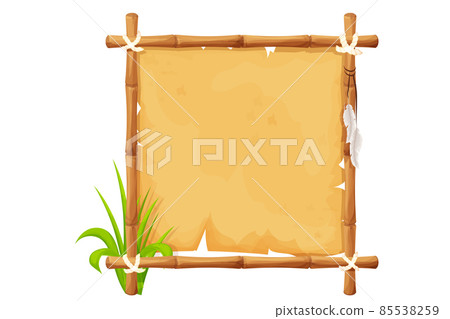 Frame from bamboo sticks, old paper, rope, grass in comic cartoon style isolated on white background. Tribal, rural clip art. Ui game asset. Frame from bamboo sticks, old paper, rope, grass in comic cartoon style isolated on white background. Tribal, rural clip art. Ui game asset. 85538259