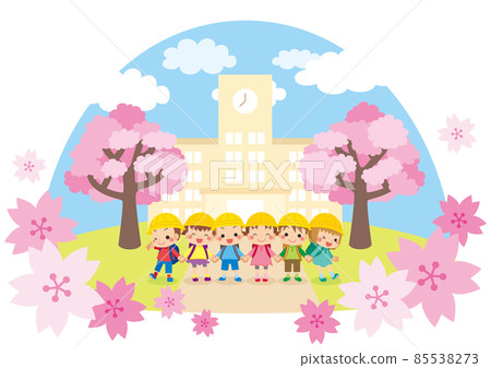 Illustration of a cute elementary school student standing hand in hand in front of a cherry blossom blooming elementary school Dome-shaped clip art White background 85538273