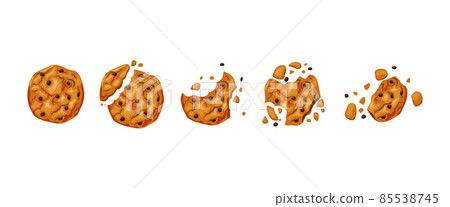 Bitten chocolate chip cookies. Baked round cookies with chocolate chips bite animation set. Cartoon vector illustration. Bitten chocolate chip cookies. Baked round cookies with chocolate chips bite animation set. Cartoon vector illustration. 85538745