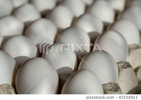 Broken chicken egg. Cardboard tray with white chicken eggs. Seve Broken chicken egg. Cardboard tray with white chicken eggs. Seve 85538921