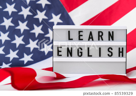 American flag. Lightbox with text LEARN ENGLISH Flag of the united states of America. July 4th Independence Day. USA patriotism national holiday. Usa proud. 85539329
