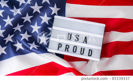 American flag. Lightbox with text USA PROUD Flag of the united states of America. July 4th Independence Day. USA patriotism national holiday. Usa proud. American flag. Lightbox with text USA PROUD Flag of the united states of America. July 4th Independence Day. USA patriotism national holiday. Usa proud. 85539337