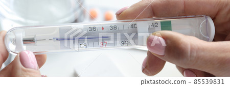 Female hands thermometer on table glass of water and PCR test Female hands thermometer on table glass of water and PCR test 85539831