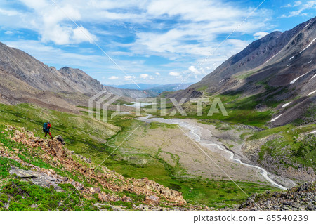 Extreme expedition in the mountains. Travel photographer take a picture of misty beautiful view in high snow mountains. Travel freelancer blogger lifestyle, concept adventure voyage outdoor. 85540239