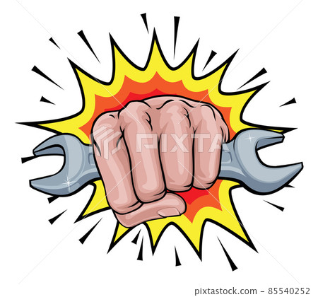Spanner Wrench Fist Hand Explosion Pop Art Cartoon 85540252
