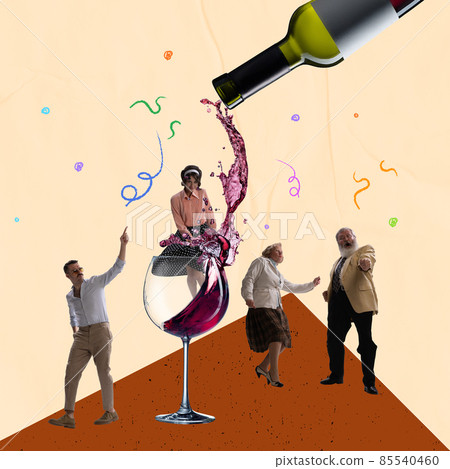 Contemporary art collage of dancing mixed age men and women in retro styled clothes isolated over light background with drawings Contemporary art collage of dancing mixed age men and women in retro styled clothes isolated over light background with drawings 85540460