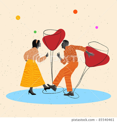 Contemporary art collage. Dancing couple in retro 70s, 80s styled clothes isolated over light background with drawings Contemporary art collage. Dancing couple in retro 70s, 80s styled clothes isolated over light background with drawings 85540461