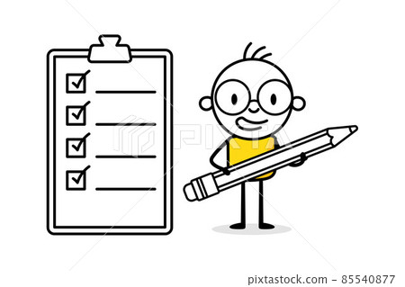 Businessman with a pencil checking a checkinglist. Hand drawn doodle man. Business concept with funny stickman. Vector stock illustration. 85540877