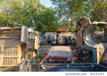 Industry factory of broken old cars crash from accidents. Transportation used vehicles. 85541255