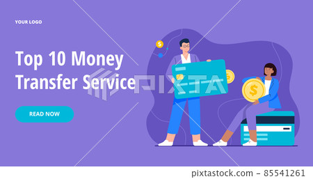 Money transfer from and to a card. Man sends money to woman's debit or credit card. Modern technologies, payments, transactions. Vector flat illustration for banners, webpage. 85541261
