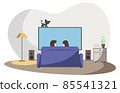 A man and a woman are sitting at home on the sofa in front of the TV. A grey cat walks on TV. Rear view. 85541321