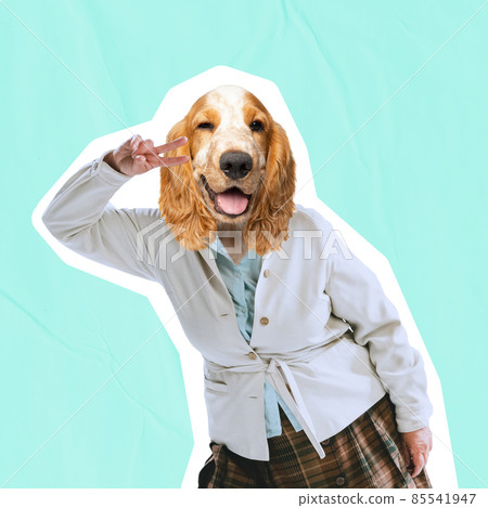 Contemporary artwork, conceptual collage. Woman headed by dog head. Trendy colors. Concept of fashion 85541947
