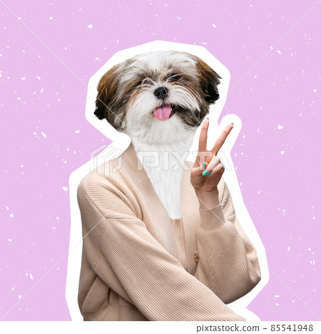 Contemporary artwork, conceptual collage. Cute dog with female body isolated on pink background. Trendy colors. Concept of fashion 85541948