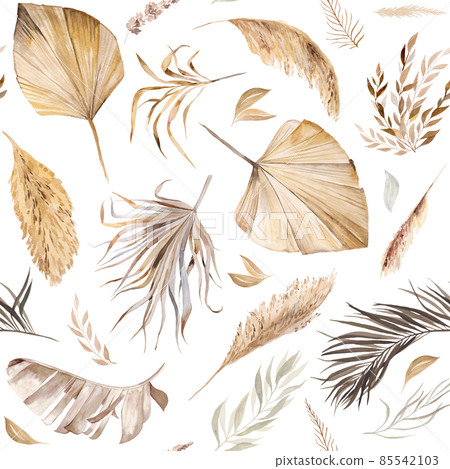 Watercolor Bohemian seamless pattern with dried tropical leaves illustration 85542103