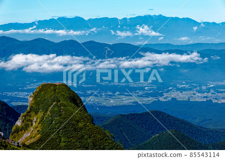 Large concentric rock peaks and mountains in the Central Alps seen from the Yatsugatake mountain range and Yokodake ridgeline 85543114