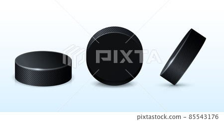 Hockey black puck. Rubberized circle for winter ice skating 85543176