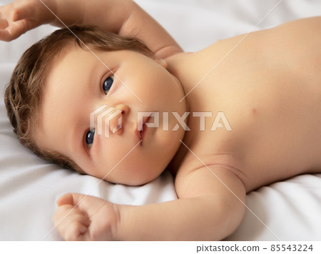 Newborn baby in a wrap on white blanket. Beautiful Newborn baby in a wrap on white blanket. Beautiful 85543224