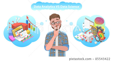 3D Isometric Vector Conceptual Illustration of Data Science vs Data Analytics. 85543422