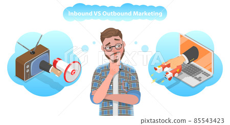 3D Isometric Flat Vector Conceptual Illustration of Inbound vs Outbound Marketing. 85543423