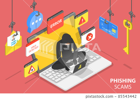 3D Isometric Flat Vector Conceptual Illustration of Internet Phishing Scams. 85543442