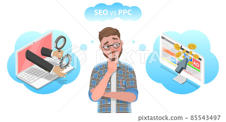 3D Isometric Flat Vector Conceptual Illustration of SEO vs PPC. 85543497