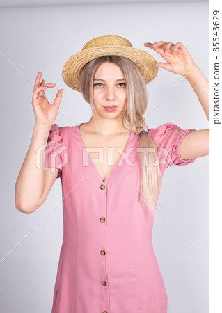 Young white european woman on grey Young white european woman on grey 85543629