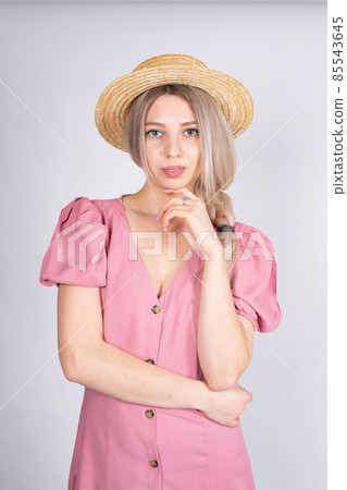 Young white european woman on grey Young white european woman on grey 85543645