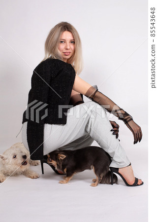 Young white european woman on grey Young white european woman on grey 85543648