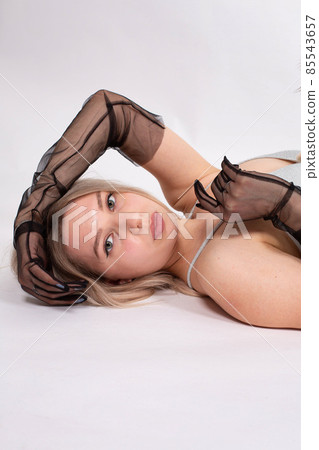 Young white european woman on grey Young white european woman on grey 85543657