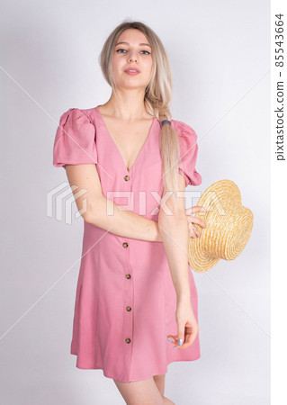 Young white european woman on grey Young white european woman on grey 85543664