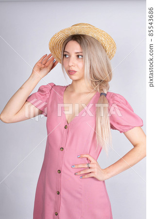 Young white european woman on grey Young white european woman on grey 85543686