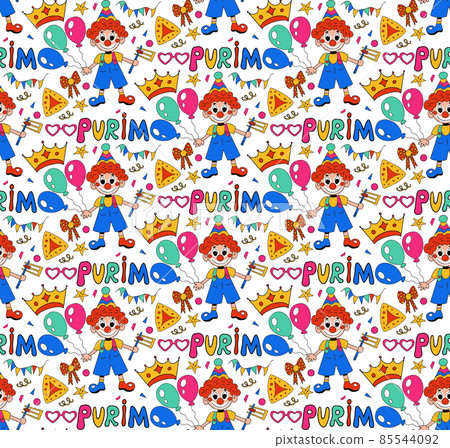 Purim seamless pattern with carnival elements. Happy Purim Jewish festival, carnival, endless background, texture, wallpaper. Vector illustration 85544092