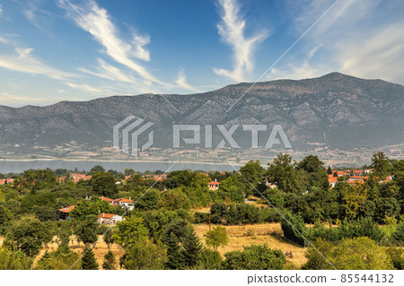 Polyfytos artificial lake morning in Greece. Polyfytos artificial lake morning in Greece. 85544132