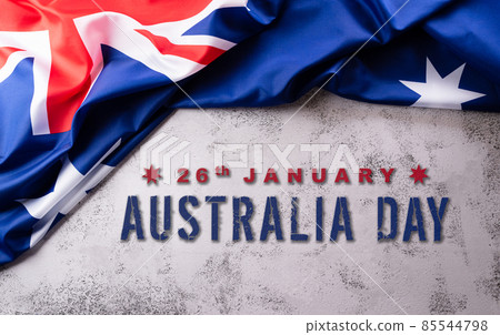 Happy Australia day concept. Australian flag against stone background. 26 January. Happy Australia day concept. Australian flag against stone background. 26 January. 85544798