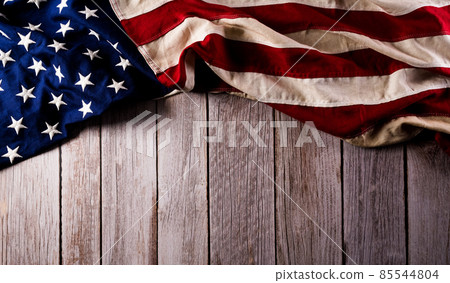 Happy presidents day concept with flag of the United States on dark wooden background. 85544804