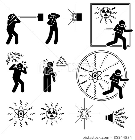 Radioactive hazard, biohazard, UV optical ray light, X-ray radiation, loud noise, and irritant to human. Warning sign, danger risk symbol, and safety precaution at workplace. 85544884