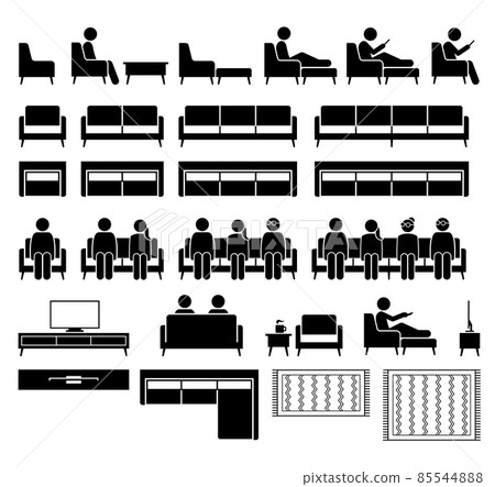Sofa couch seating chair seater with people sitting. Vector illustrations icons pictogram of man and woman sitting on sofa and chair with footstool, coffee table, tv cabinet rack, and carpet rug. 85544888