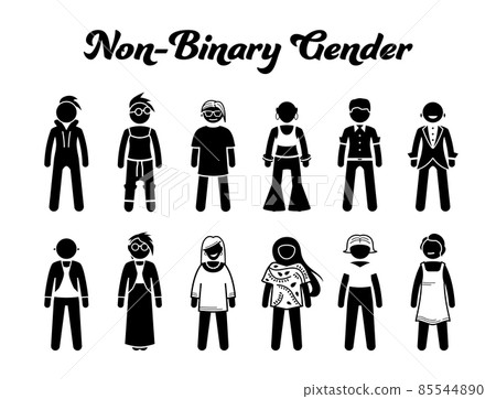 Nonbinary or non-binary gender character icon designs. Vector illustrations depicts human characters of nonbinary gender, LGBT, LGBTQ, transgender, gay, lesbian, queer man and woman fashion style. 85544890