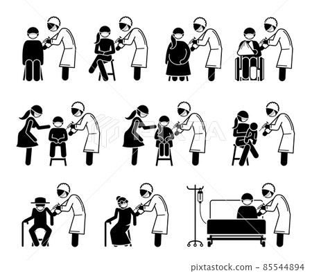 Vaccine vaccination injection for people stick figure pictogram icon. Vector illustrations depict doctor or nurse giving vaccine injection to man, woman, pregnant, children, baby, elderly and sick. 85544894