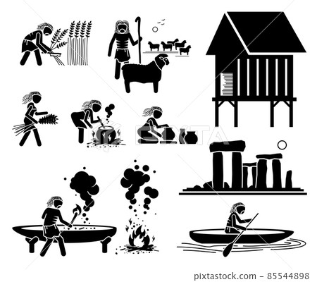 Prehistory Prehistoric Neolithic Upper Stone Age Ancient Human. Vector illustrations depict primitive human people from upper stone age of the Neolithic time period era. Prehistory Prehistoric Neolithic Upper Stone Age Ancient Human. Vector illustrations depict primitive human people from upper stone age of the Neolithic time period era. 85544898