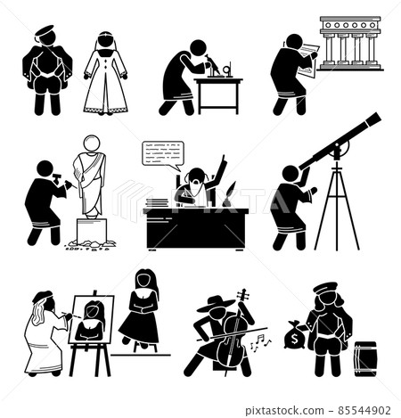 Late Middle Ages Renaissance People Human Civilization History. Vector illustrations depict the Renaissance period of the Late Middle Ages in the 15th and 16th century. 85544902