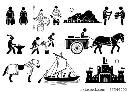 Ancient History Iron Age Medieval Human Civilization in Middle Age. Vector illustrations depict human technology development during the Iron Age and medieval people from the Middle Age. Ancient History Iron Age Medieval Human Civilization in Middle Age. Vector illustrations depict human technology development during the Iron Age and medieval people from the Middle Age. 85544903