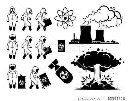Modern History Atomic Age or Nuclear Age. Vector illustrations depict nuclear power plant, hazmat suit worker, radioactive waste, atom nuclear bomb, and big mushroom cloud explosion. 85545338