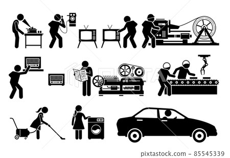 Modern History Machine Age Technologies. Vector illustrations depict phonograph record player, old telephone, TV, metal roller machine, high speed printing presses, radio, and factory assembly line. 85545339