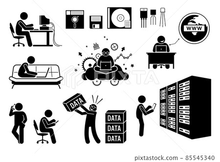 Modern History Information Age, Multimedia Age, and Social Age. Vector illustrations depict old diskette, transistor, people using computer, surfing Internet, data center server, and information data. 85545340