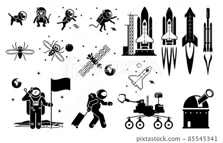 Modern History Space Age and Exploration. Vector illustrations depict human sending dog, monkey, and fruit fly to space. Human astronaut and rocket flying to space and landing at moon. 85545341
