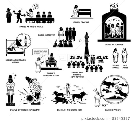 Daniel Biblical figure in the Book of Daniel. Vector illustration depicts story of Daniel and three friends with King Nebuchadnezzar dreams and statue. Miracle of Daniel in fiery furnace and lion den. 85545357